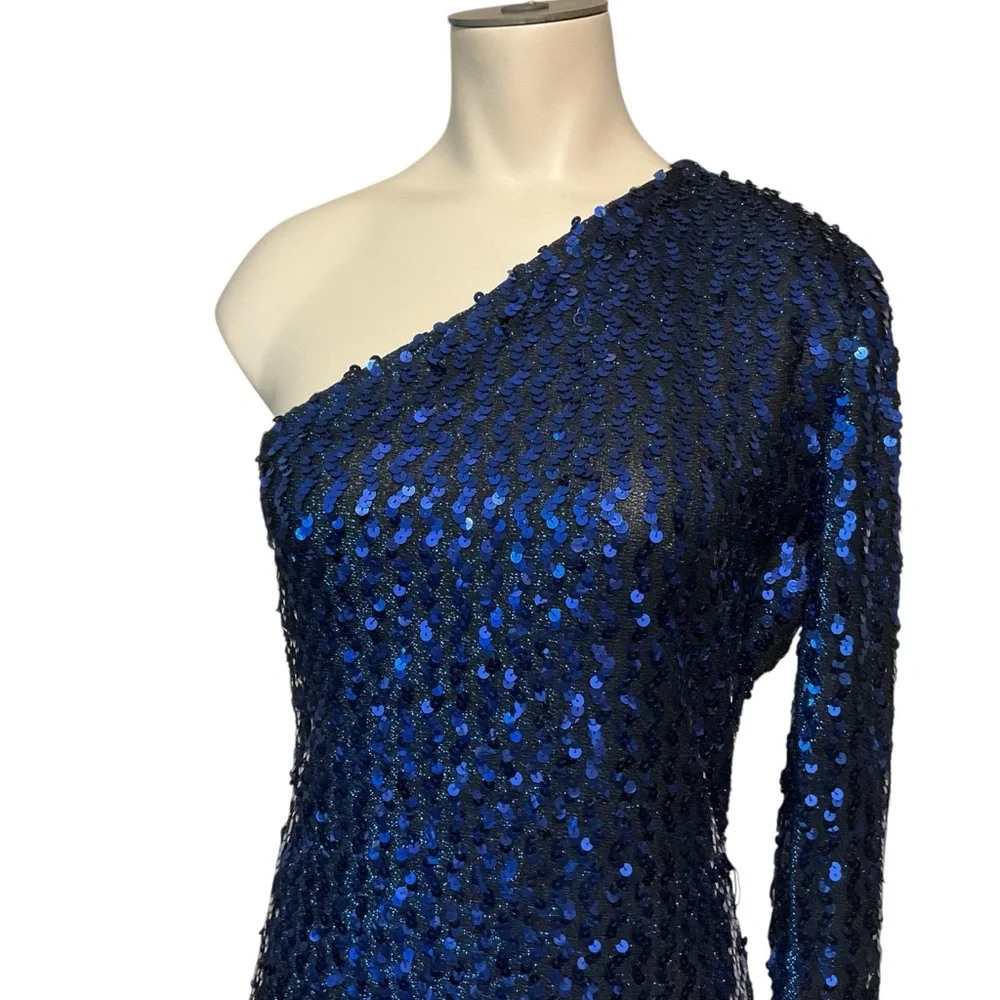 vtg CLIMAX by David Howard sz 13/14 (M/L) Sequin One Shoulder Sequin Dress Blue